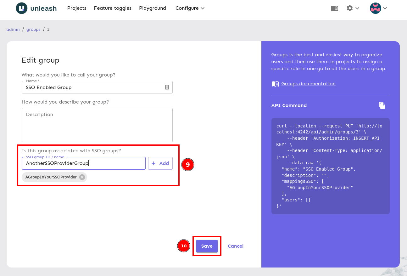 The edit group screen with SSO Group input and save highlighted.